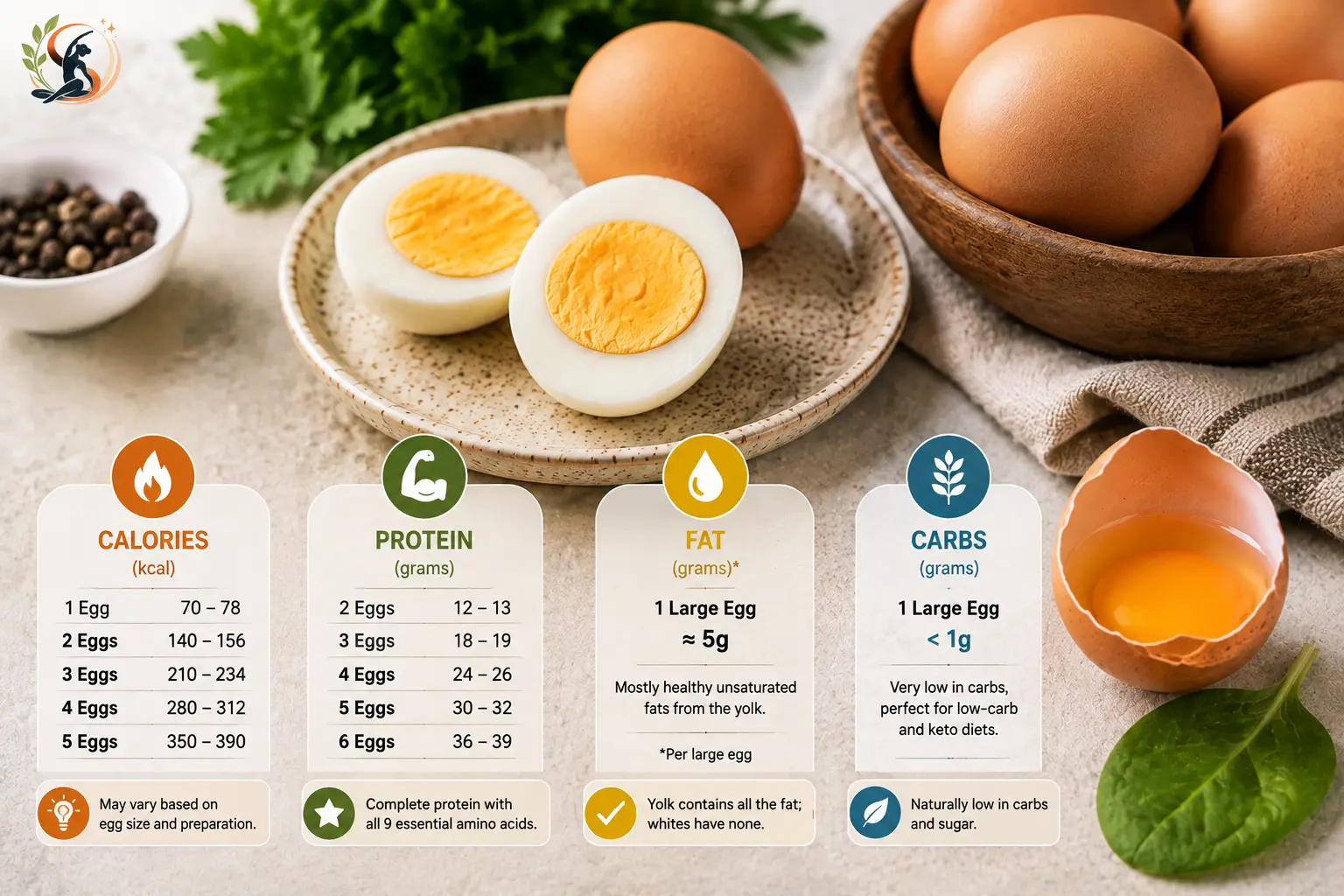 Egg nutrition breakdown showing calories, protein, fat, and carbohydrates for different egg serving sizes.
