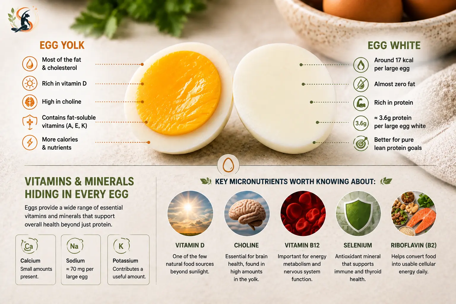 Egg yolk and egg white nutrition comparison with key vitamins, minerals, protein, fat, choline, vitamin D, B12, selenium, and riboflavin.