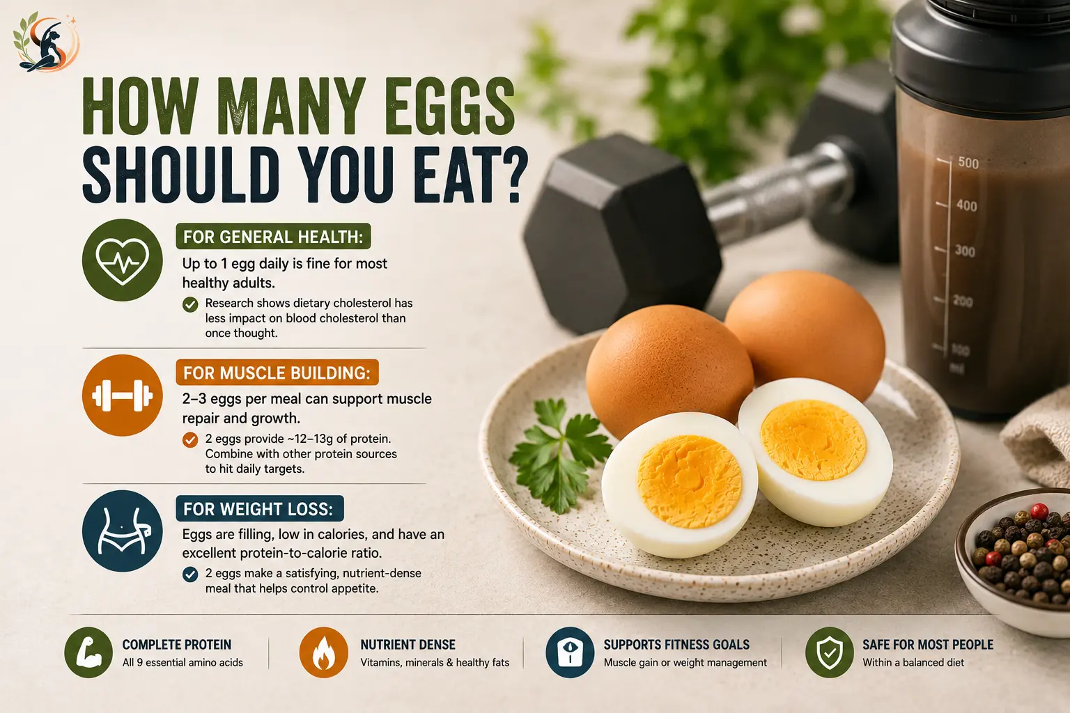 Egg intake guidance for general health, muscle building, and weight loss, showing serving considerations, protein benefits, and meal examples.