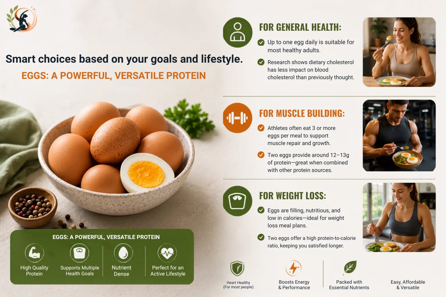 Egg intake guidance for general health, muscle building, and weight loss, showing serving considerations, protein benefits, and meal examples.