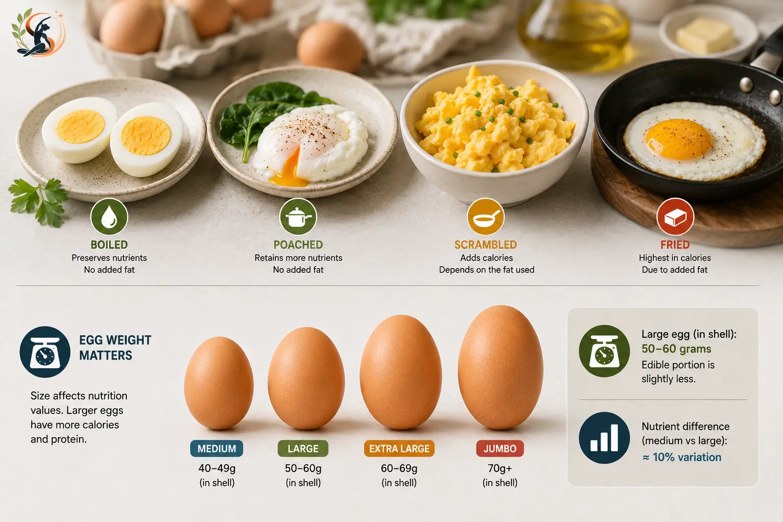 Egg cooking methods compared with egg size and weight differences affecting calories, protein, and nutrition.