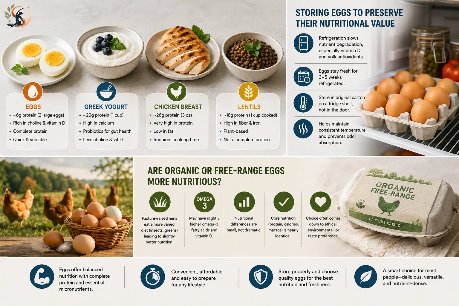 Egg comparison with Greek yogurt, chicken breast, and lentils, plus egg storage tips and organic versus free-range nutrition differences.