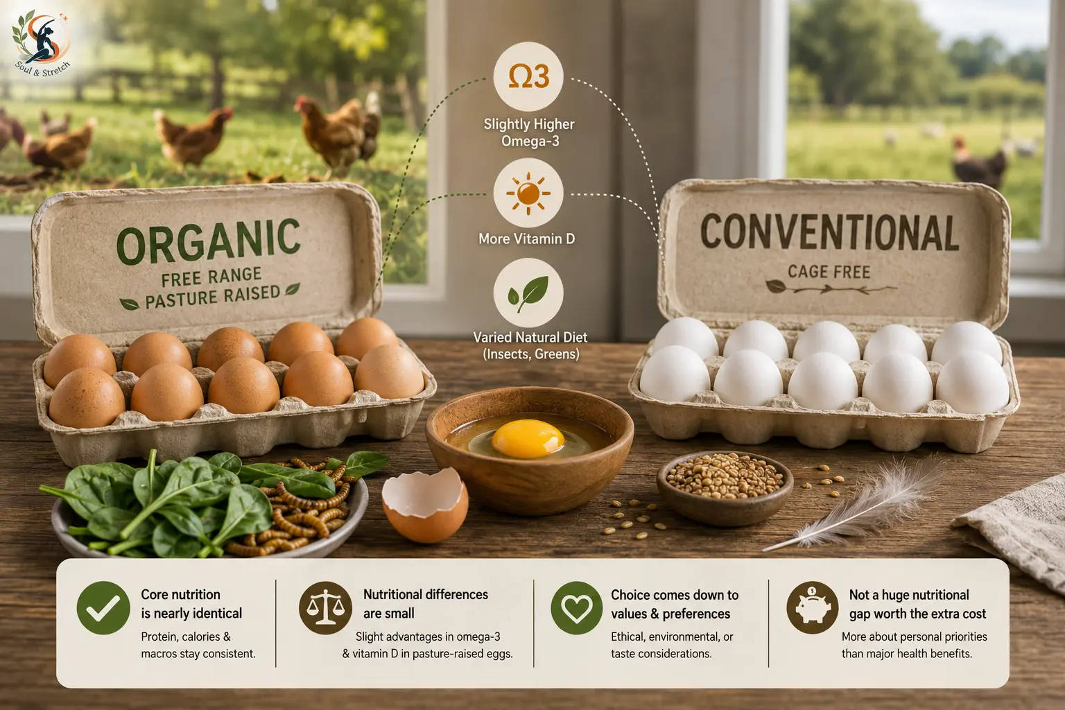 Organic and free-range eggs compared with conventional eggs, highlighting modest differences in omega-3, vitamin D, and overall nutrition.