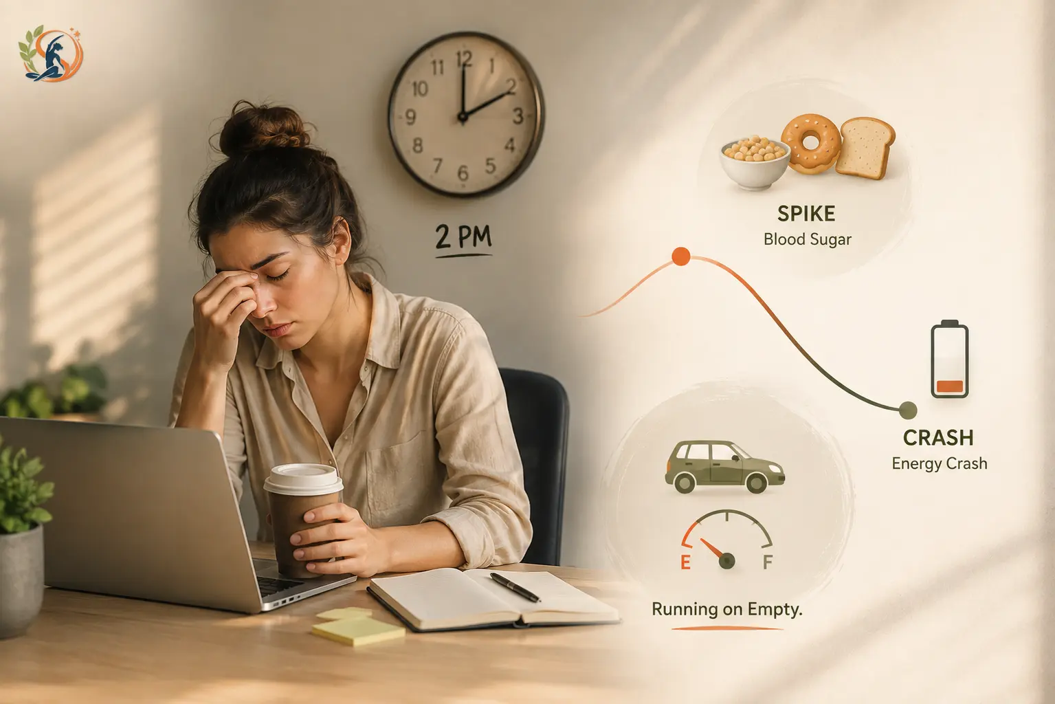 Woman experiencing a 2 PM energy crash at her desk, with coffee and laptop beside her and a visual showing high-glycemic foods causing a blood sugar spike followed by an energy crash.