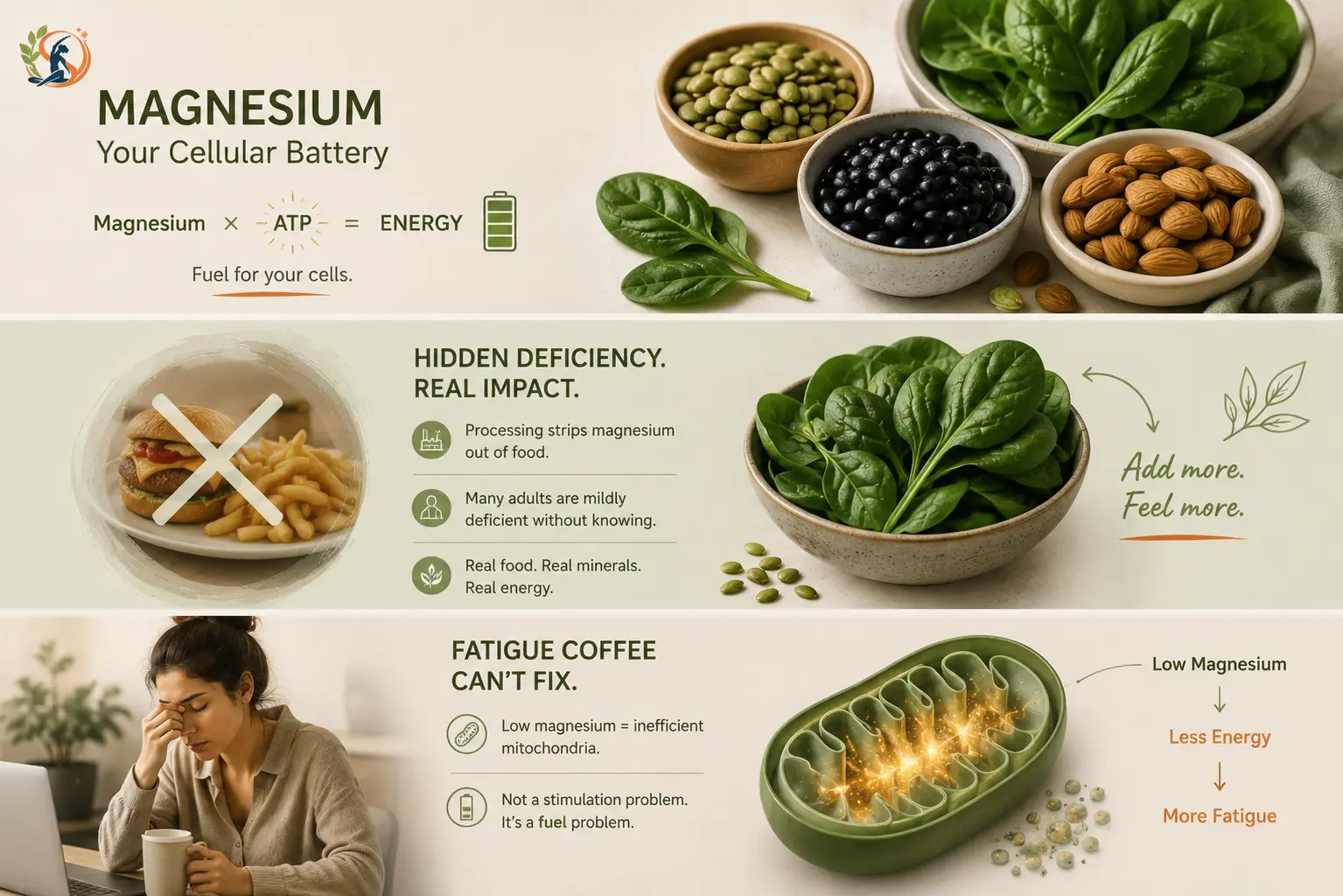 Magnesium-rich foods include spinach, pumpkin seeds, black beans and almonds, with simple visuals showing magnesium’s connection to ATP, cellular energy, hidden deficiency, mitochondria and fatigue.