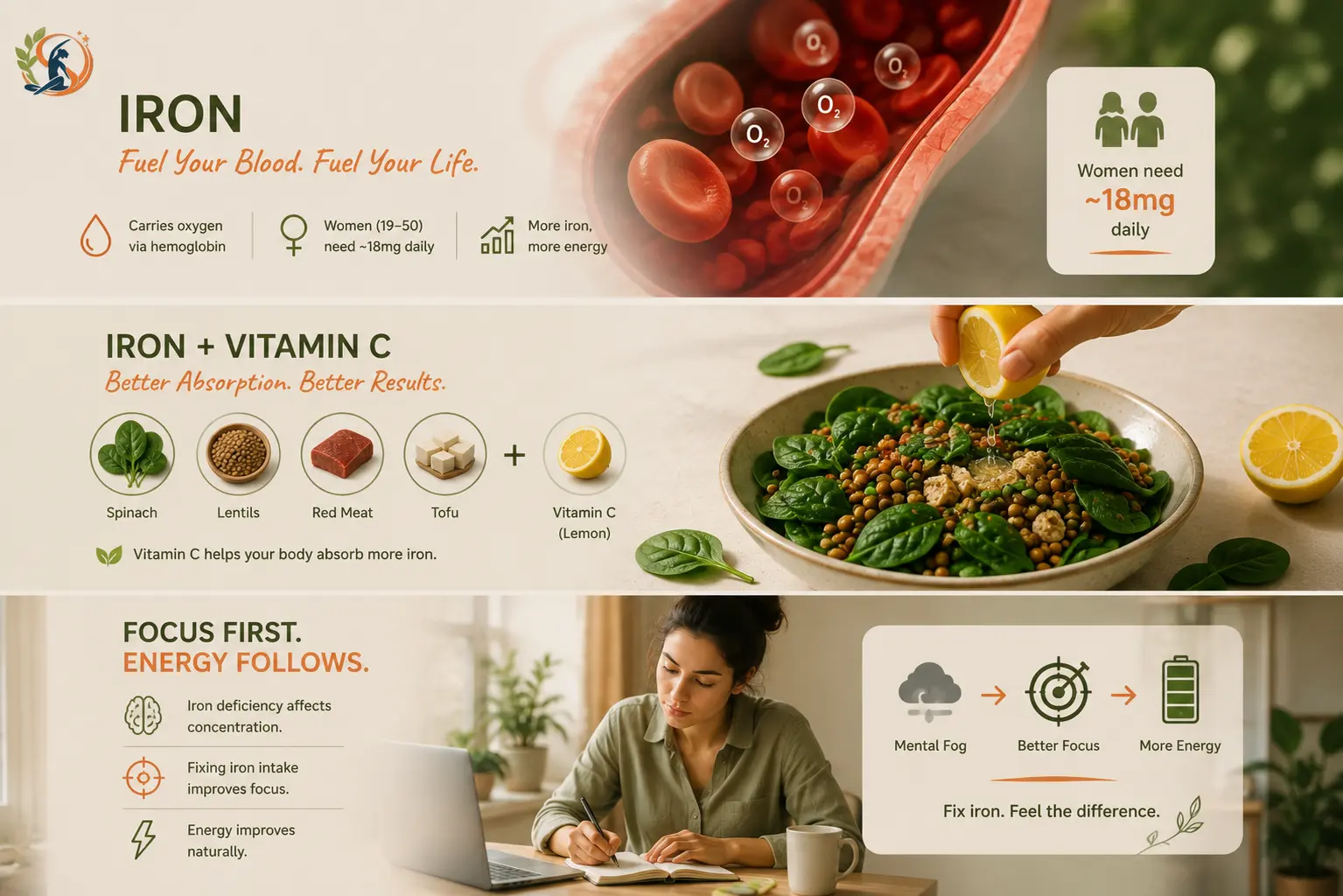 Iron-rich foods including spinach, lentils, red meat and tofu paired with lemon for vitamin C, illustrate oxygen transport, iron needs, improved focus and energy.