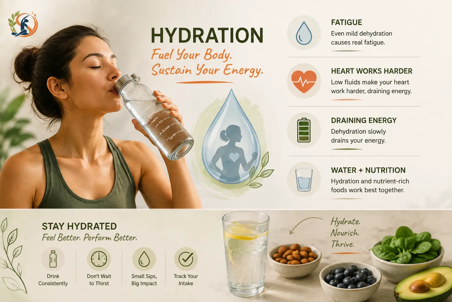 Woman drinking water while a wellness infographic highlights hydration, fatigue, heart workload, energy and the benefits of combining adequate water intake with nutrient-rich foods.