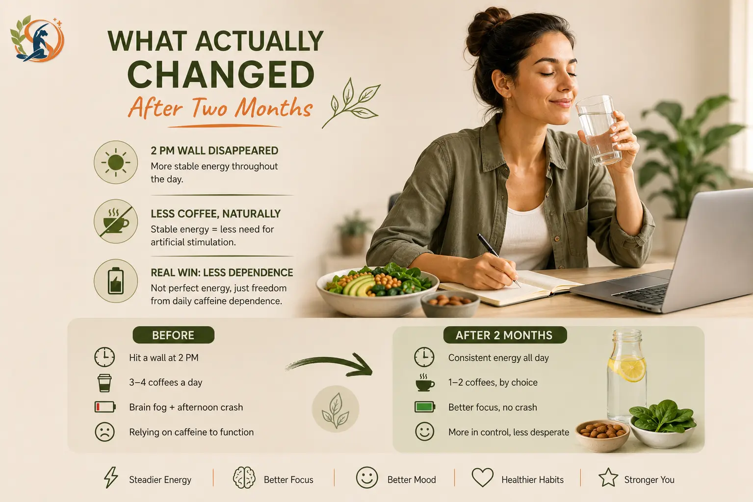 Woman enjoy more stable energy after two months of healthier eating, with visuals showing fewer 2 PM crashes, less coffee dependence, better focus and steadier daily energy.