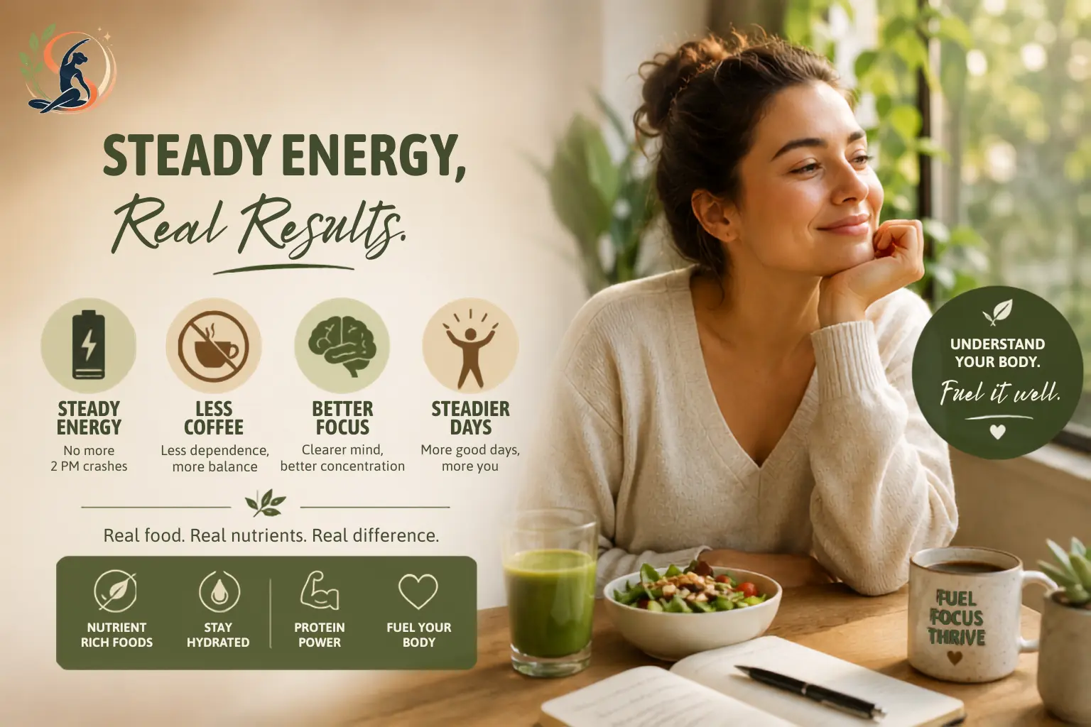 Woman enjoy a calm, energized moment with nutrient-rich food and water, highlighting steady energy, less coffee dependence, better focus, hydration, protein and mindful nutrition.