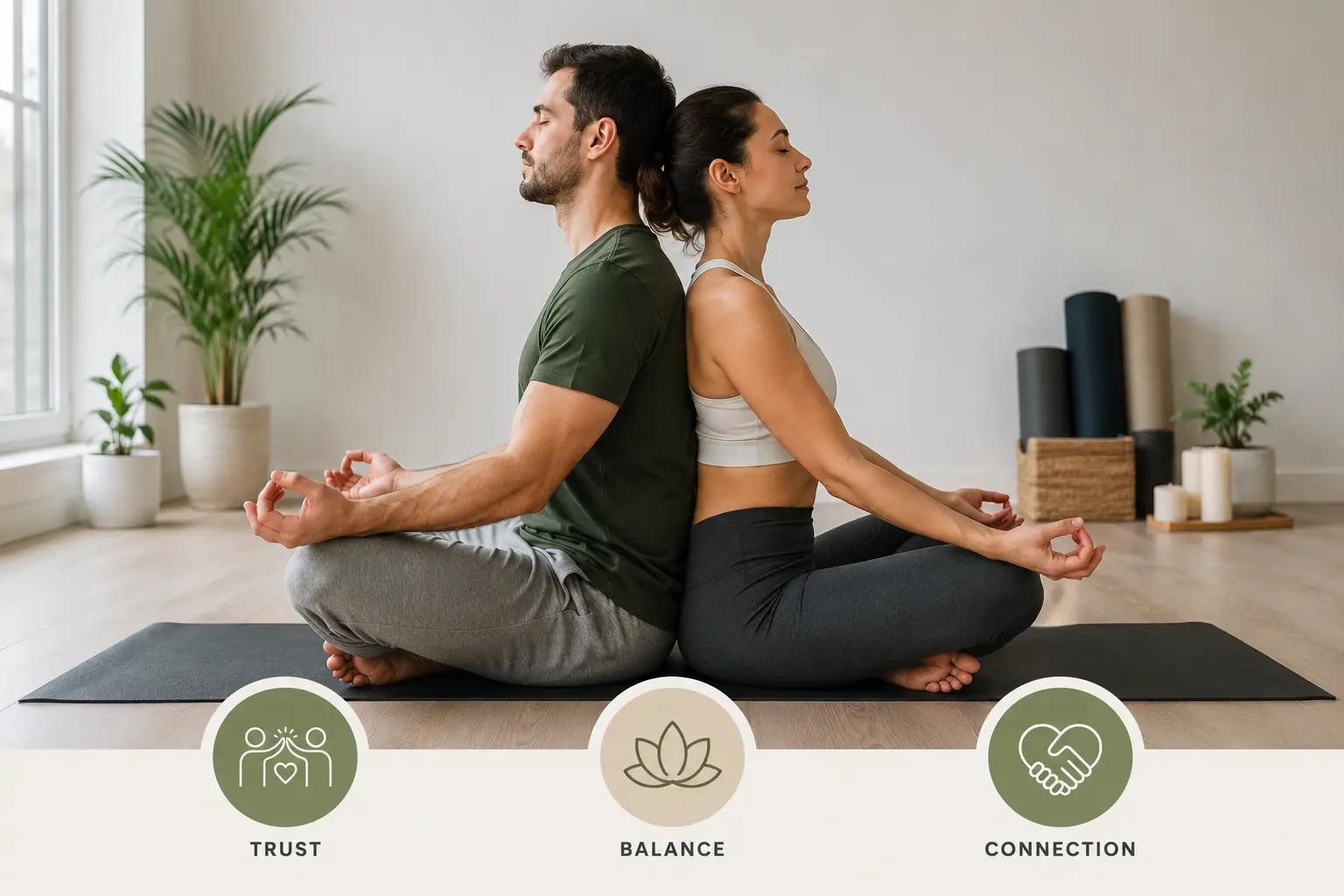 Partner yoga practice showing two people sitting back-to-back with trust, balance and connection in a peaceful yoga studio.