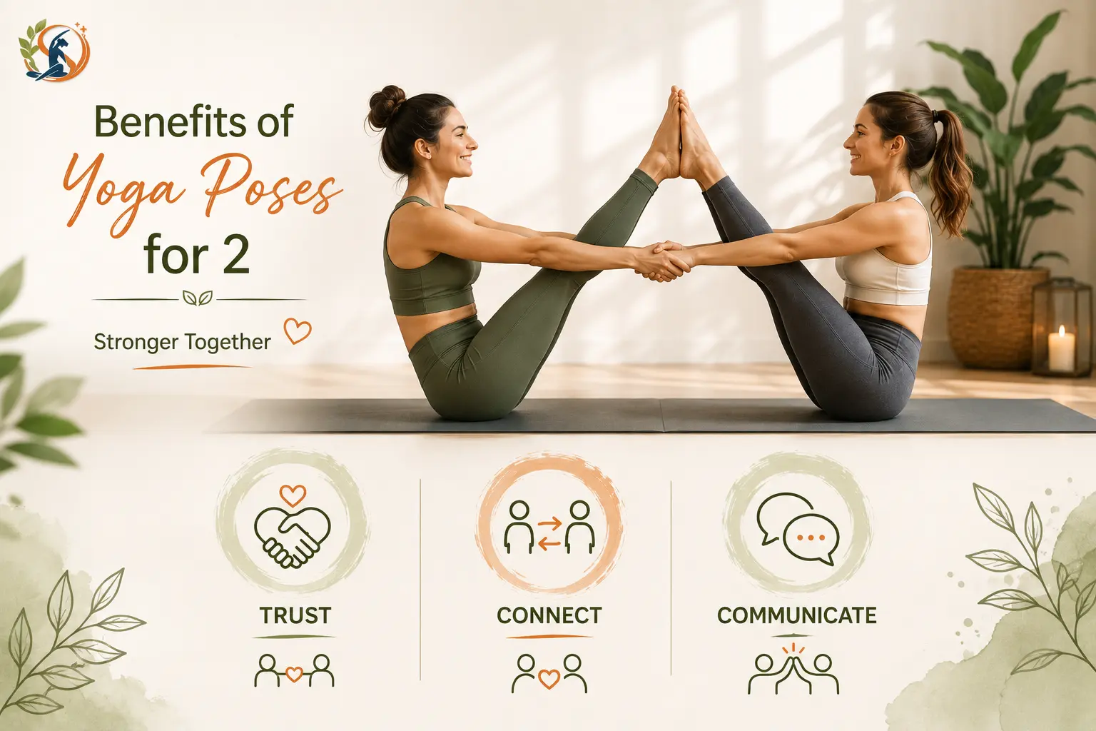 Two women practicing a partner yoga pose with simple icons highlighting trust, connection, and communication, with the Soul & Stretch logo in the top-left.