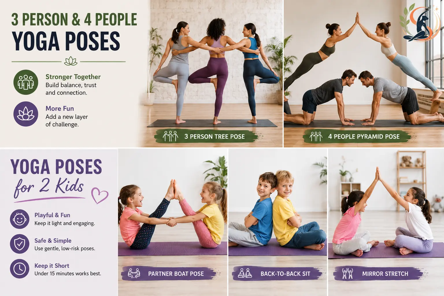 3 and 4 person yoga poses with partner yoga exercises for kids, including group balance, partner boat pose, back-to-back sitting and mirror stretches