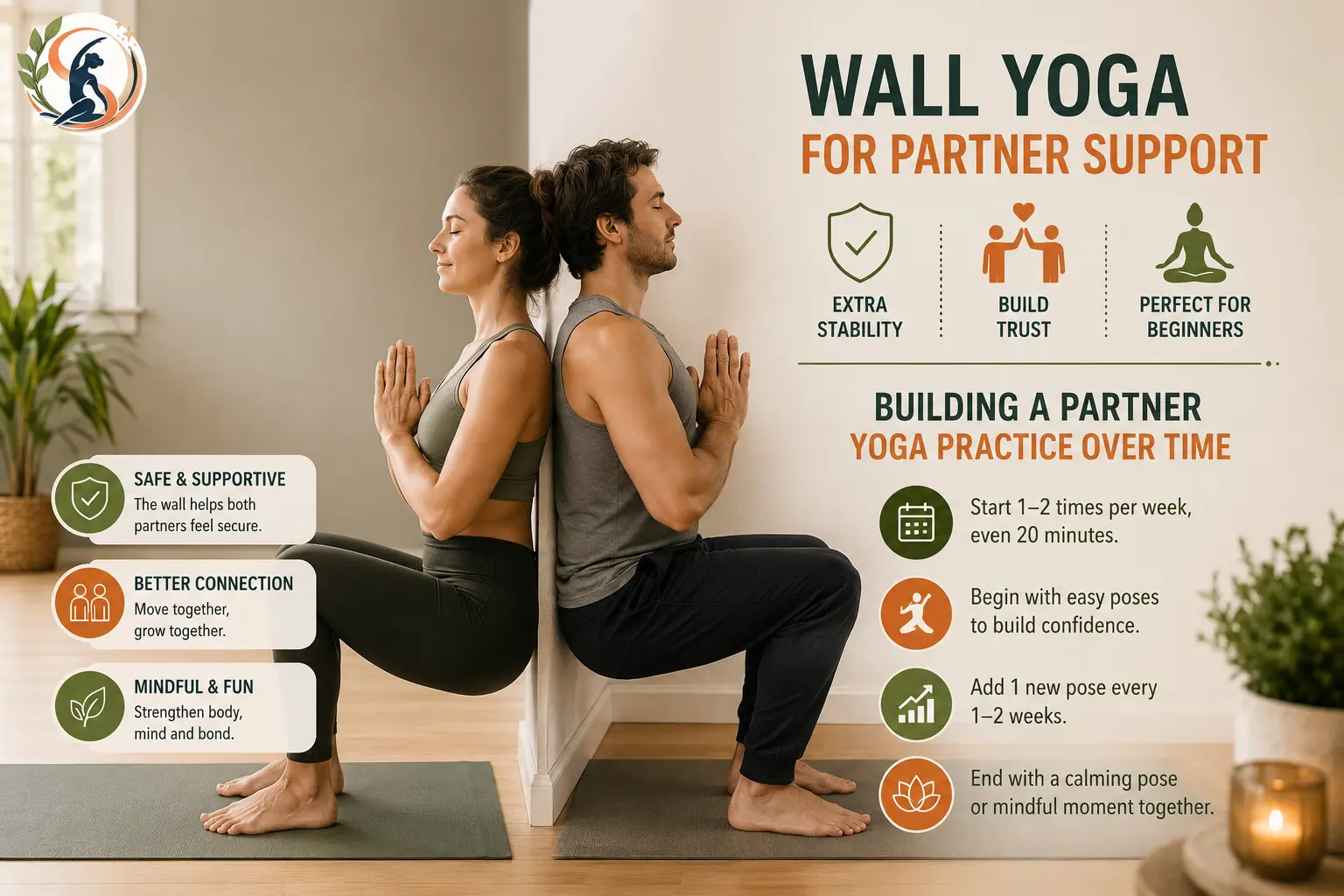 Two people practicing supported partner wall yoga in a bright studio, with icons showing stability, trust, beginner support, and consistent practice.