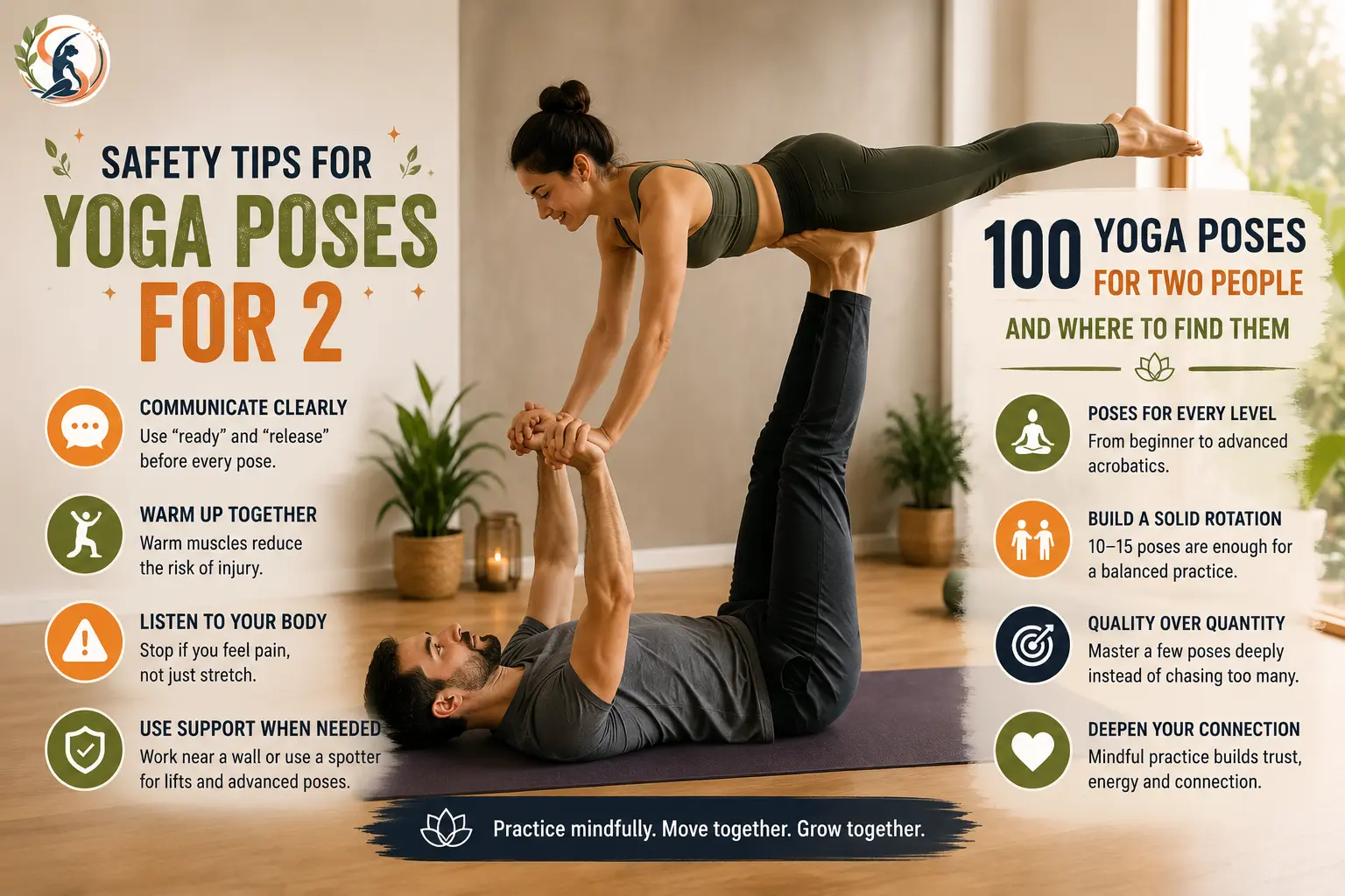 Two people practicing partner yoga with safe assisted poses, warm-up, communication, balance, and support concepts.