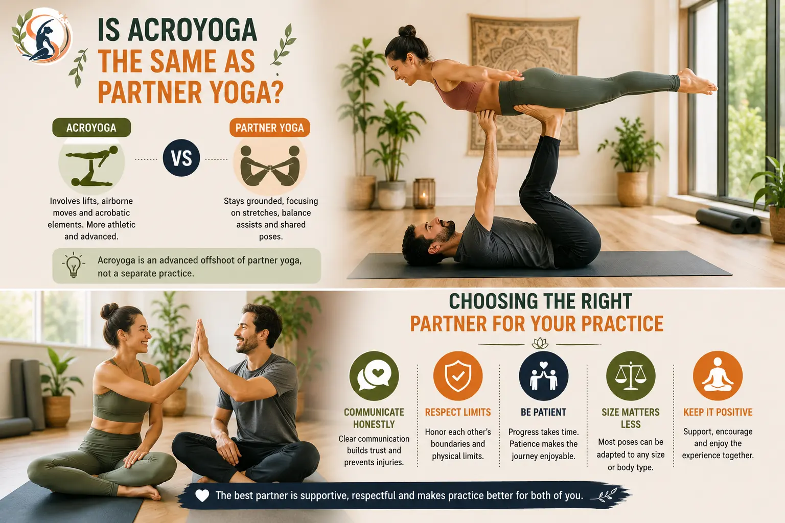 Couple practicing partner yoga and acroyoga, showing airborne and grounded poses with icons for communication, patience, trust, and respecting physical limits.