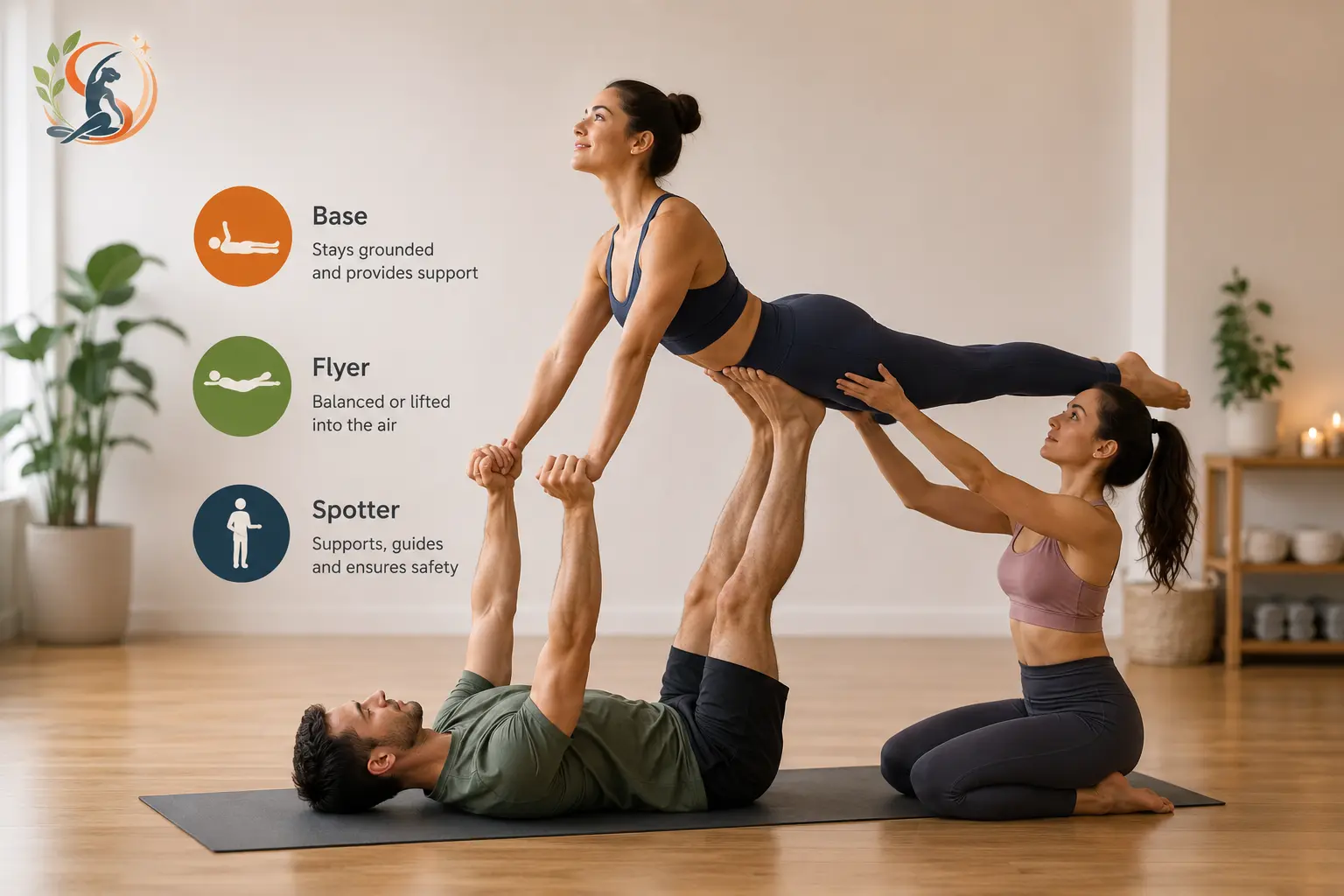 Three people practicing trio yoga, showing the base, flyer and spotter roles in a supported balance pose