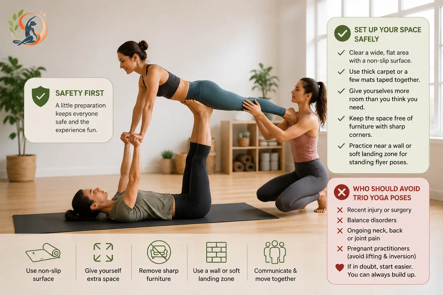 Three people practicing a supported trio yoga pose in a safe studio setup, with visual reminders for non-slip surfaces, extra space, clear surroundings, soft landing areas and safety precautions.
