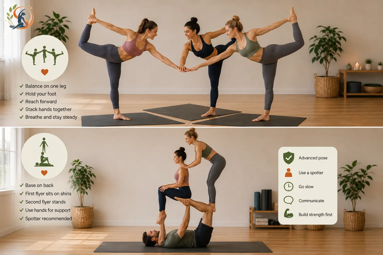 Three people demonstrating advanced trio yoga poses, including a coordinated Lord of the Dance balance and a supported stacked balance with a base, two flyers and safety support.