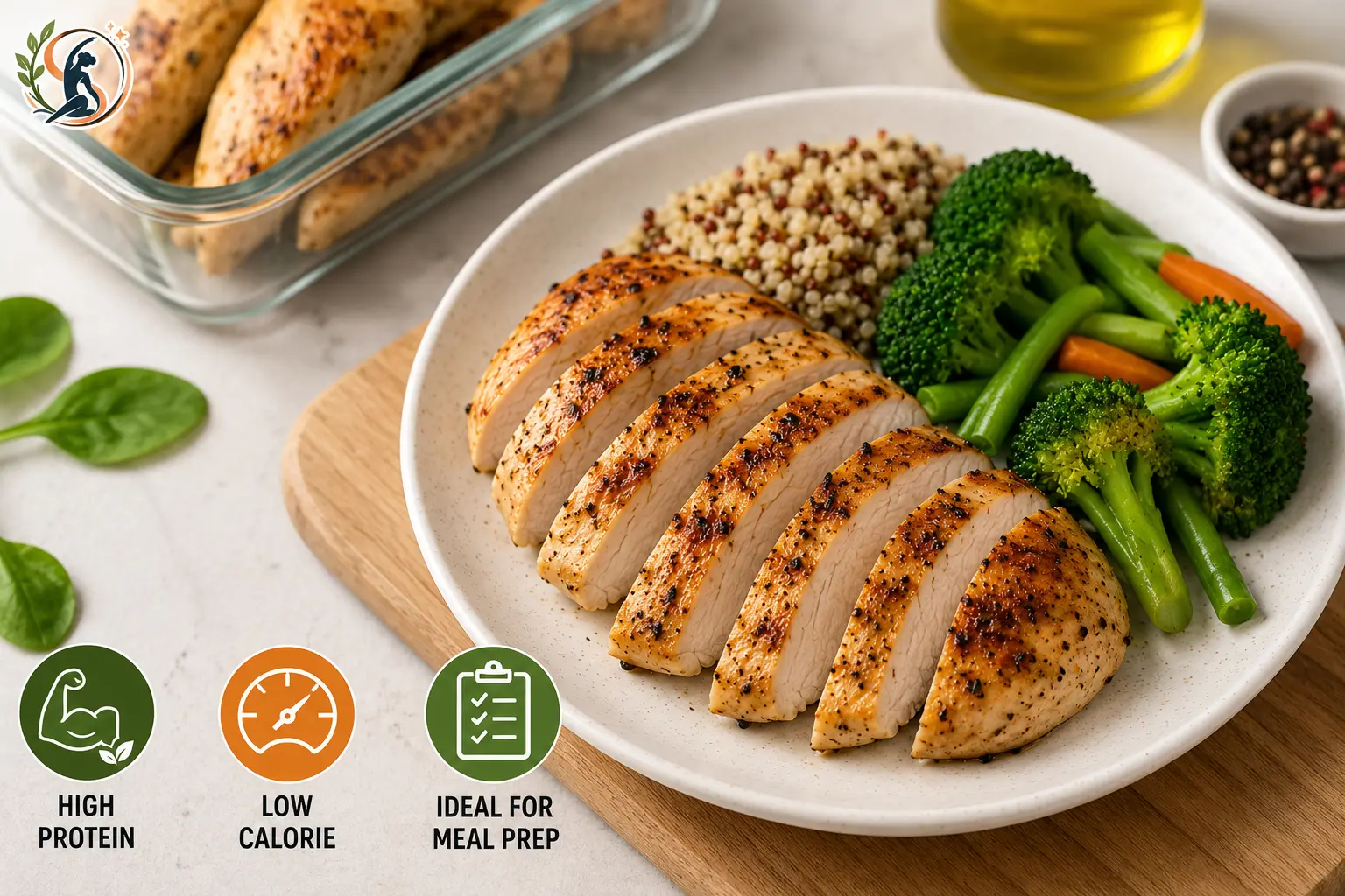 Grilled chicken breast with vegetables and quinoa highlighting high protein, low calorie nutrition and meal prep