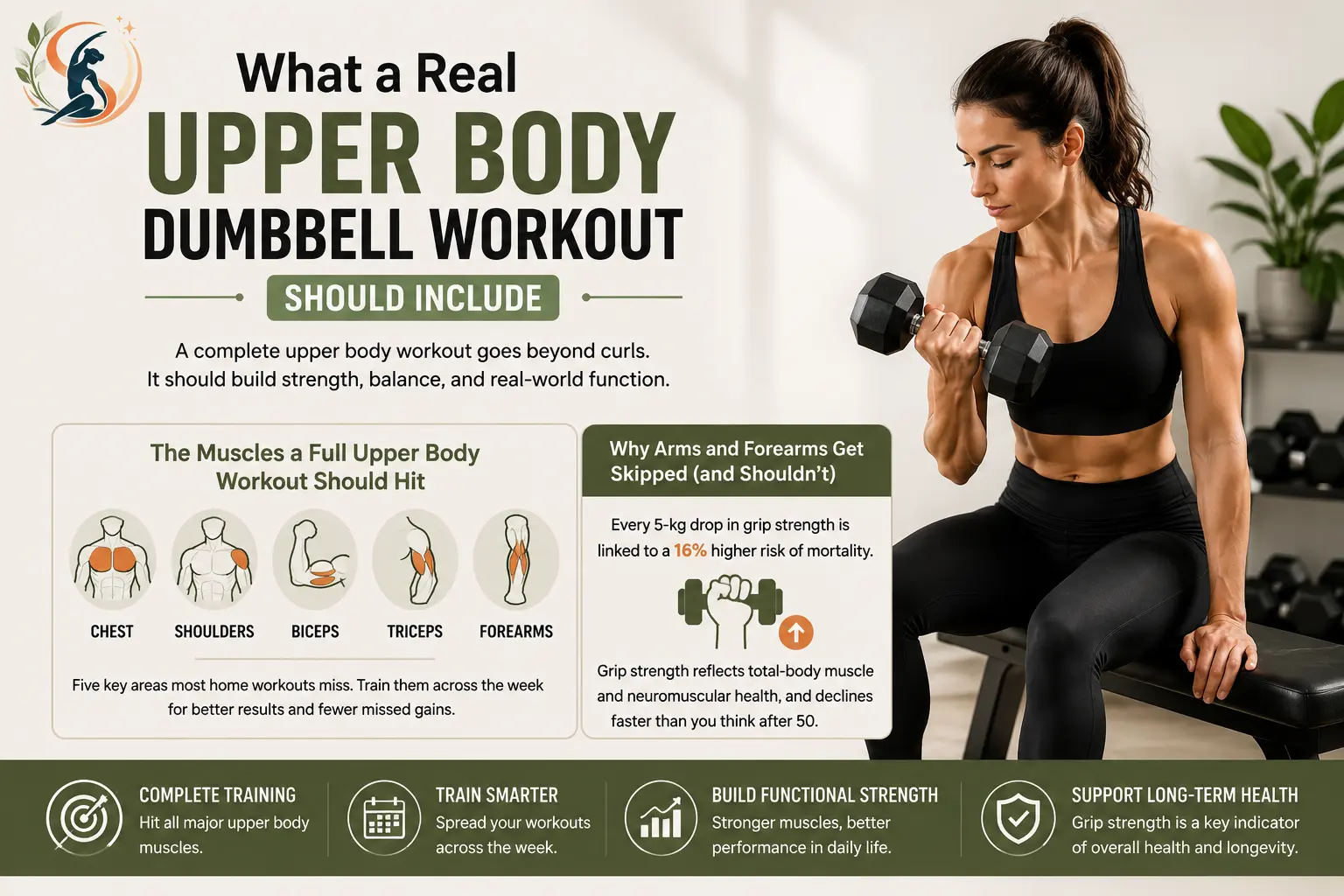 Woman doing an upper body dumbbell workout, with icons highlighting chest, shoulders, biceps, triceps, and forearms.