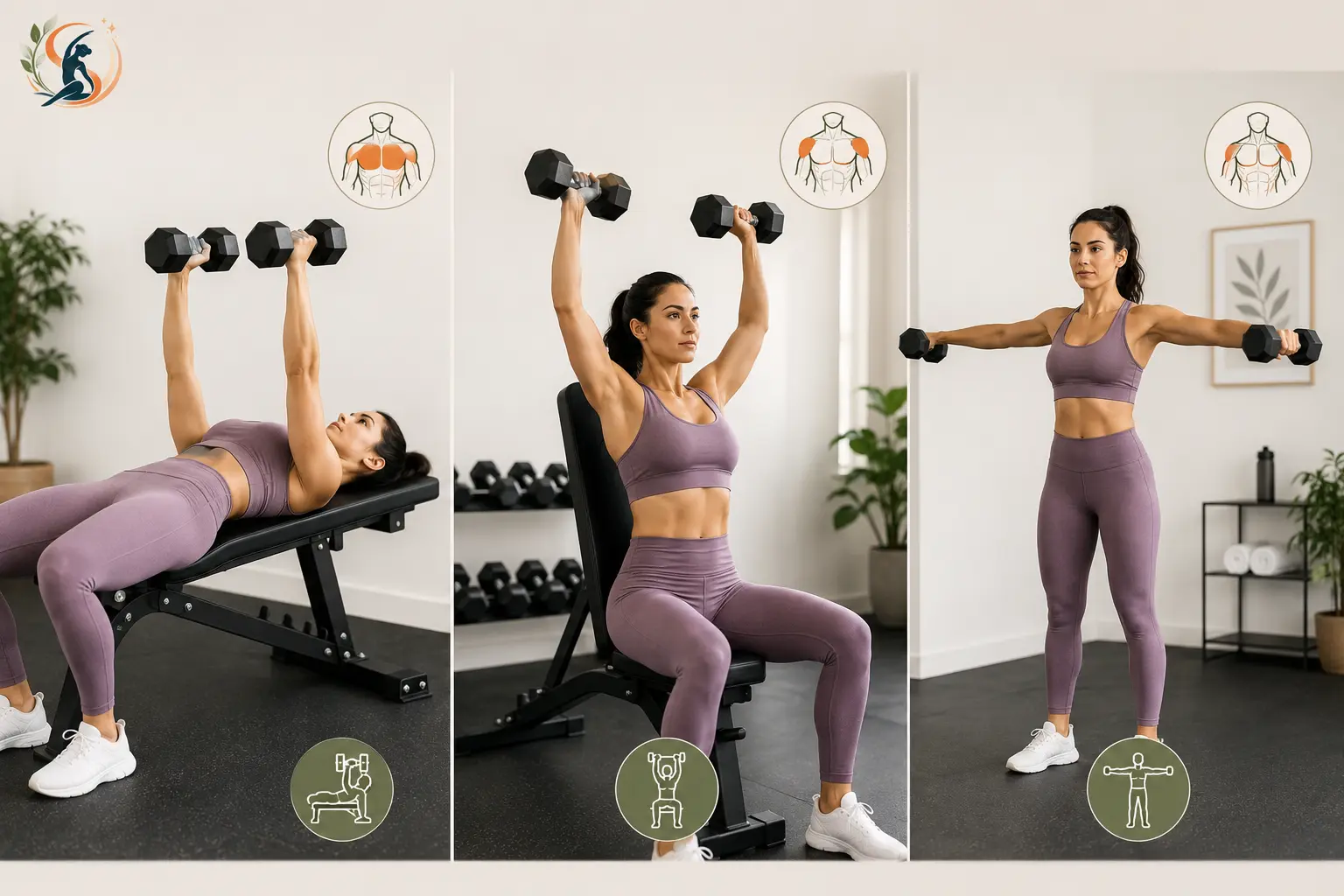 Woman performing dumbbell chest press, shoulder press, and lateral raises.