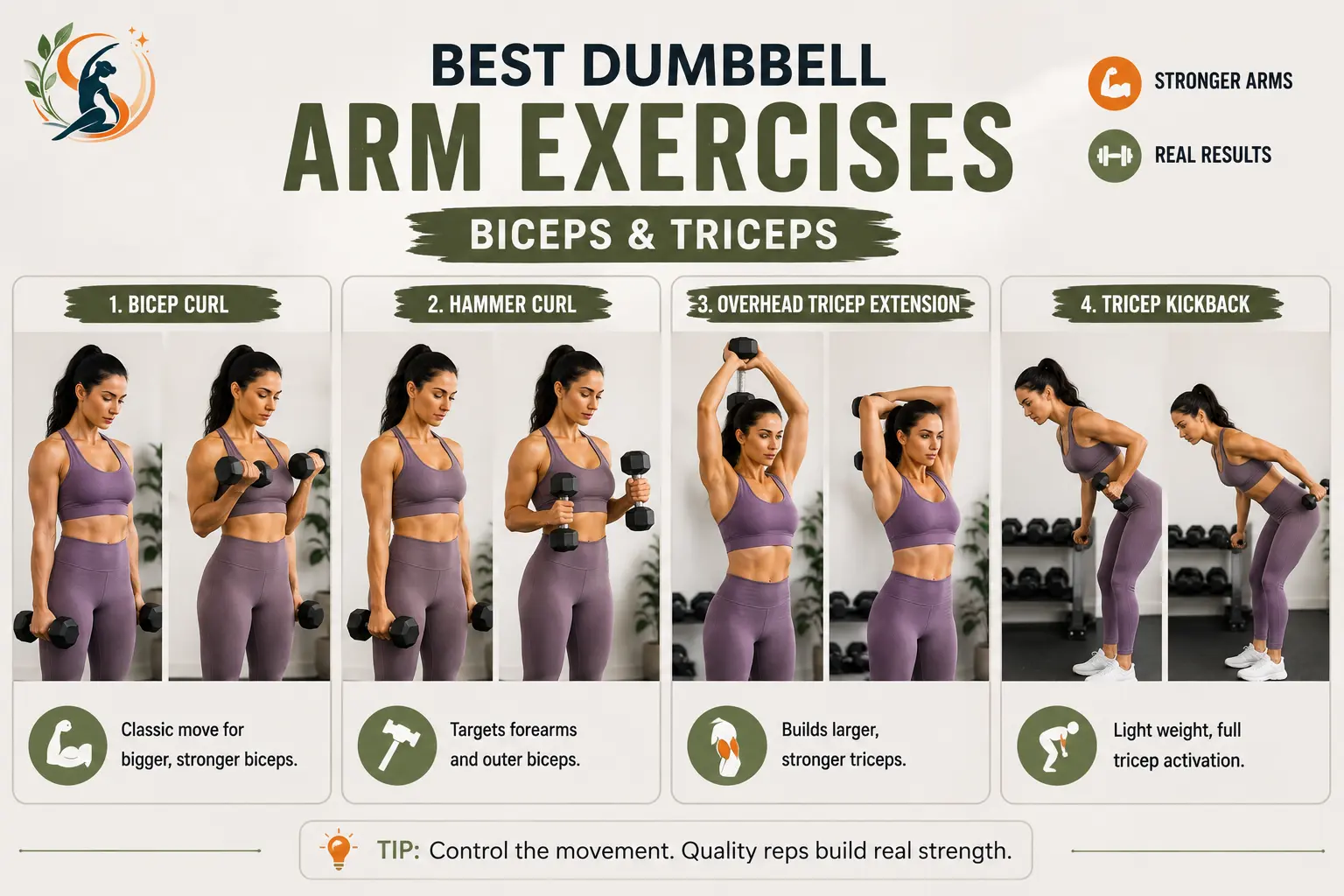 Woman demonstrating four dumbbell arm exercises: bicep curl, hammer curl, overhead tricep extension, and tricep kickback.
