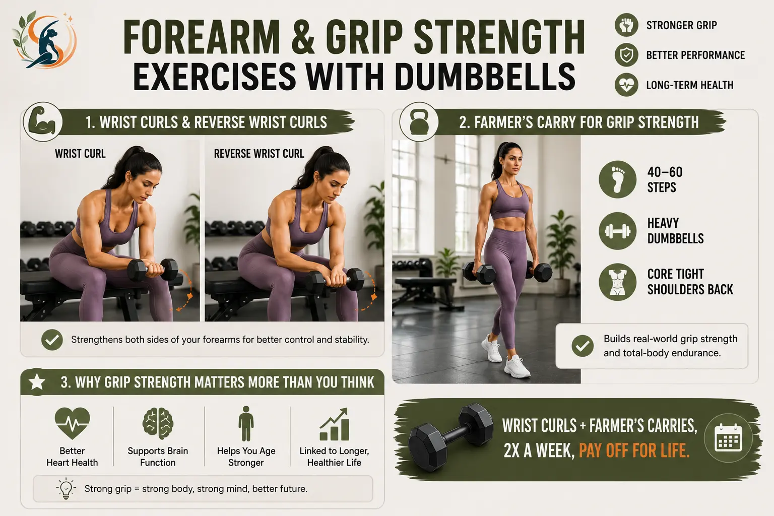 Woman performing dumbbell wrist curls, reverse wrist curls, and farmer’s carry exercises to build forearm and grip strength.