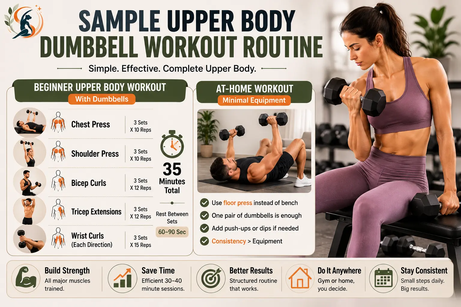 Woman doing a dumbbell workout with a beginner routine and at-home exercise options.