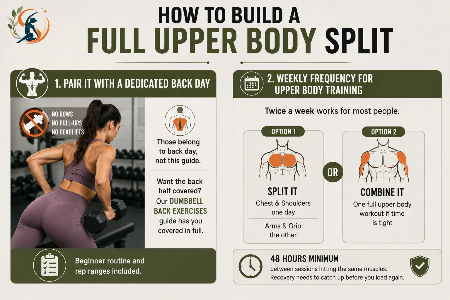 Upper body workout split showing back-day separation, twice-weekly training, and 48-hour recovery.
