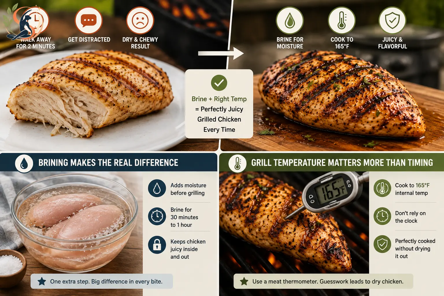 Dry versus juicy grilled chicken showing how brining and cooking to 165°F help prevent dry, chewy chicken breast.