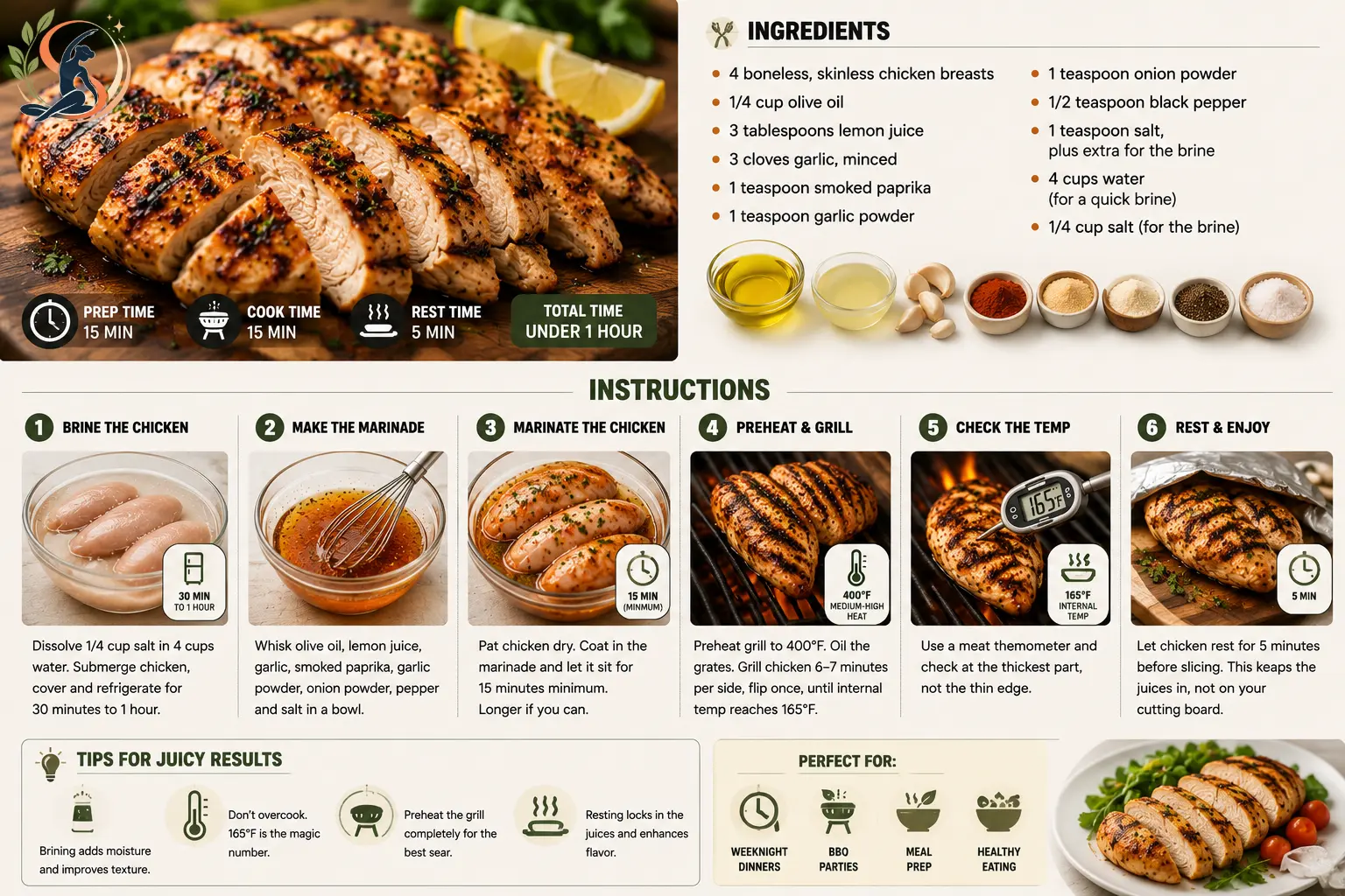 Best grilled chicken recipe with ingredients, brining, marinade preparation, grilling at 400°F, cooking to 165°F, and resting for juicy results.