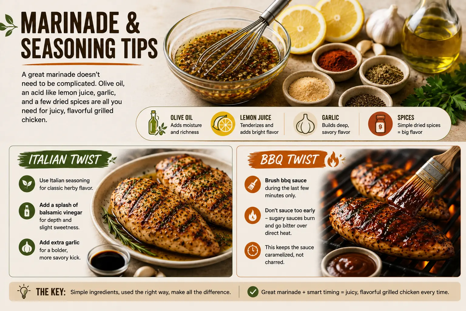 Grilled chicken marinade with olive oil, lemon juice, garlic and spices, plus Italian and BBQ seasoning variations.