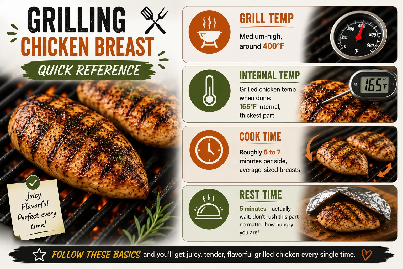 Grilled chicken breast quick-reference guide showing 400°F grill temperature, 165°F internal temperature, 6–7 minutes per side, and 5-minute resting time.