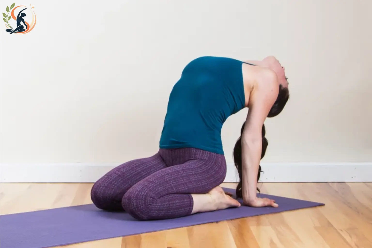 Person practicing a heart-opening yoga pose with the chest expanded and shoulders relaxed.