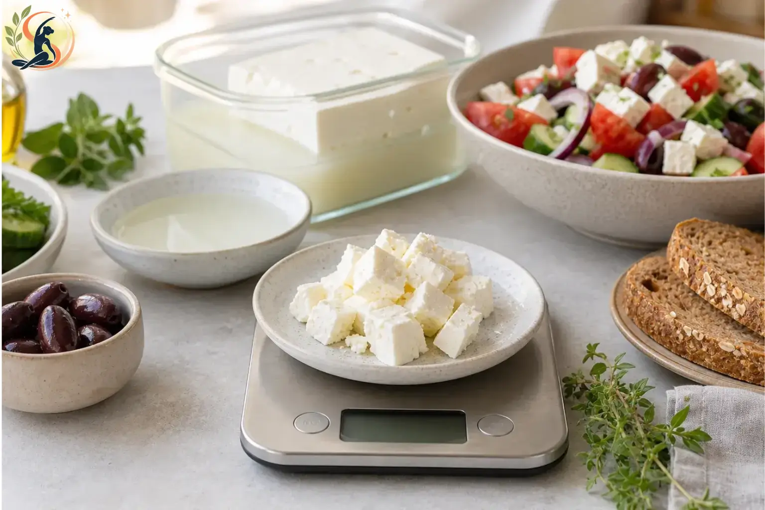 Feta cheese nutrition highlighting protein and fat in a serving of crumbled feta cheese.