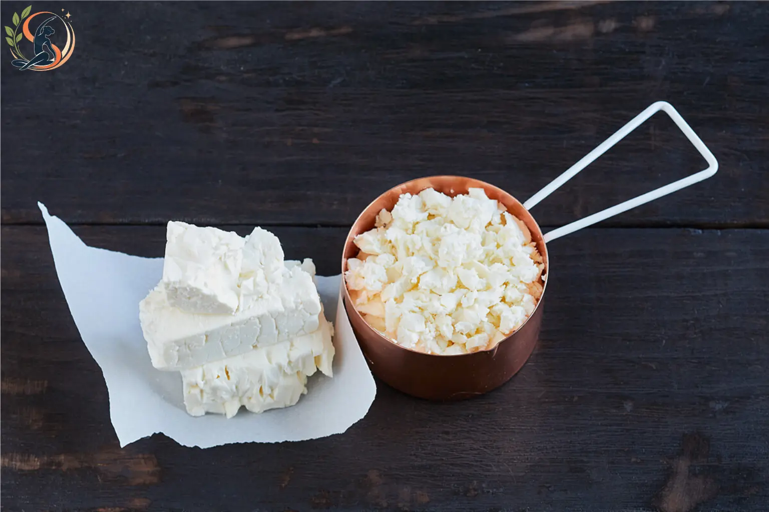Feta cheese nutrition with a serving of feta cheese highlighting its naturally high sodium content.