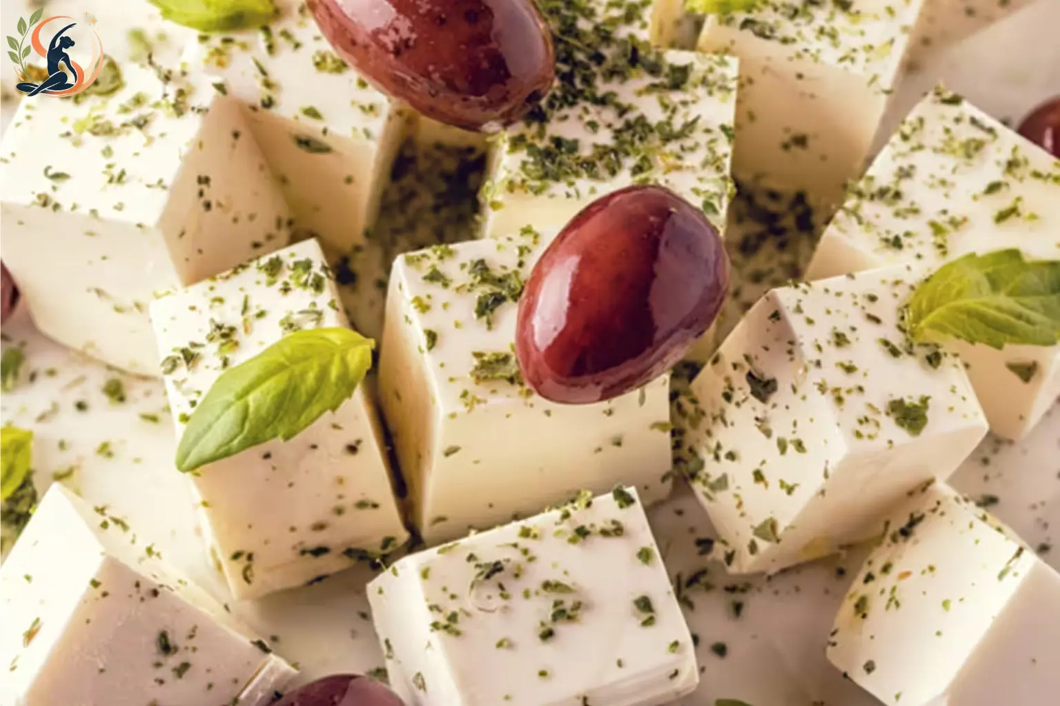 Feta cheese nutrition shown in a balanced meal with vegetables, grains, and a moderate serving of feta.