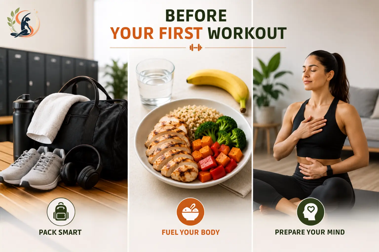 Beginner workout preparation with gym essentials, a balanced pre-workout meal and mindful breathing.