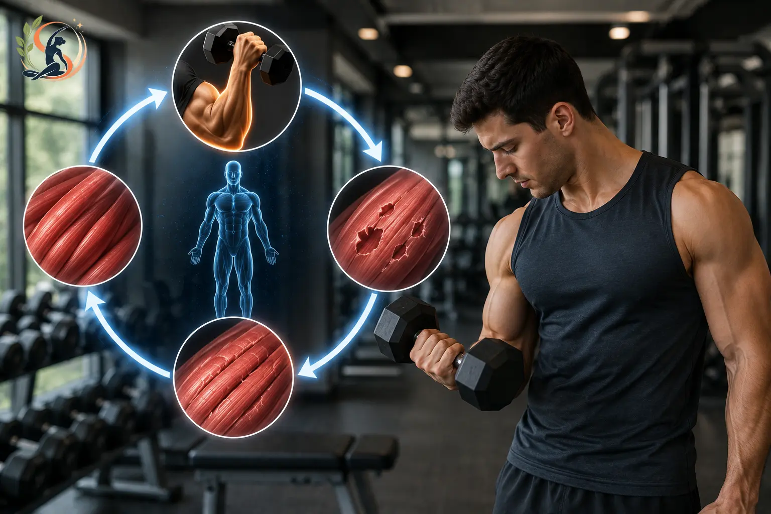 Strength training in a gym showing a man doing dumbbell curls alongside a visual of muscle growth and recovery.