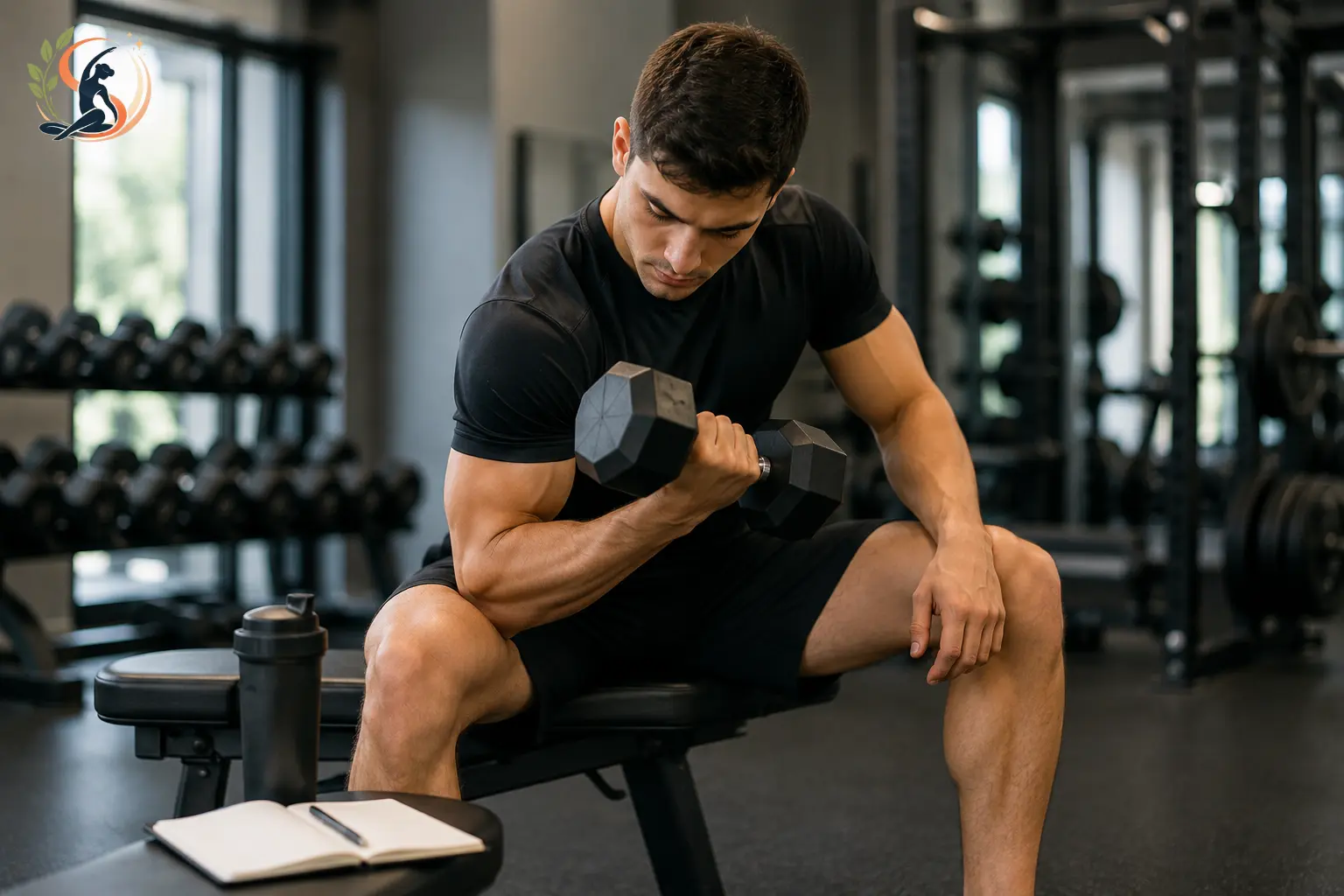 Young man performing a seated dumbbell curl in a modern gym while tracking his workout.