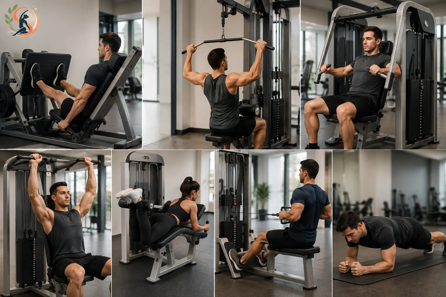 Beginner gym machine workout showing leg press, lat pulldown, chest press, shoulder press, leg curl, cable row and plank exercises.