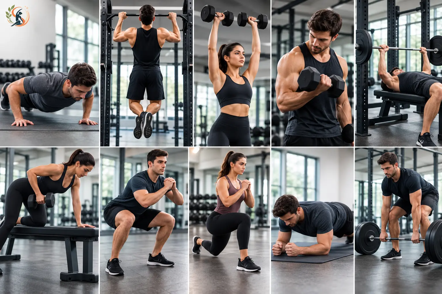 Beginner muscle-building workout showing push-ups, pull-ups, overhead presses, curls, bench presses, dumbbell rows, squats, lunges, planks and deadlifts.