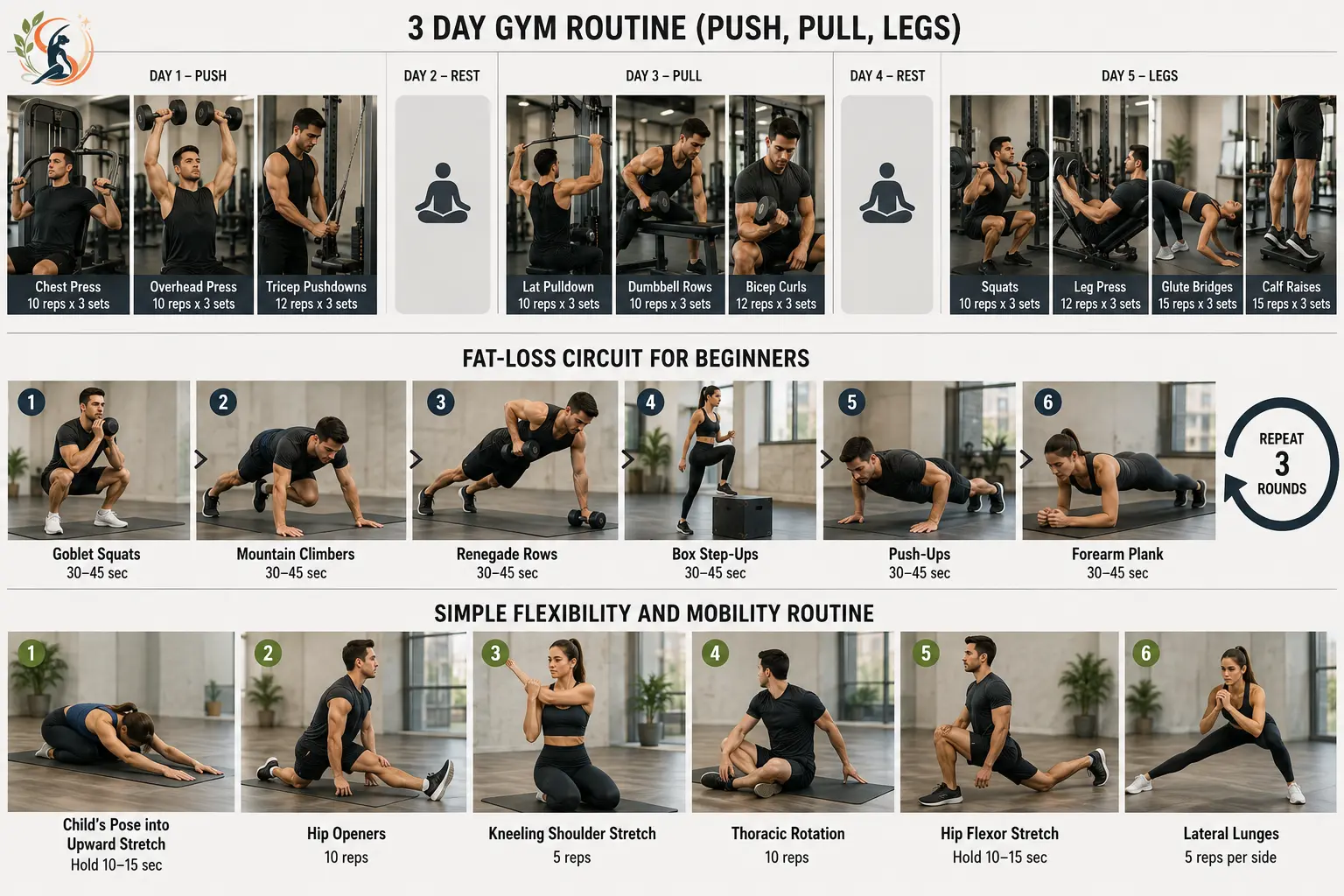 Beginner workout plan showing push-pull-legs training, a fat-loss circuit and flexibility and mobility exercises.