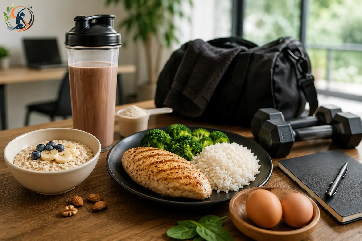 Healthy pre- and post-workout meals with chicken, rice, eggs, oatmeal and a protein shake