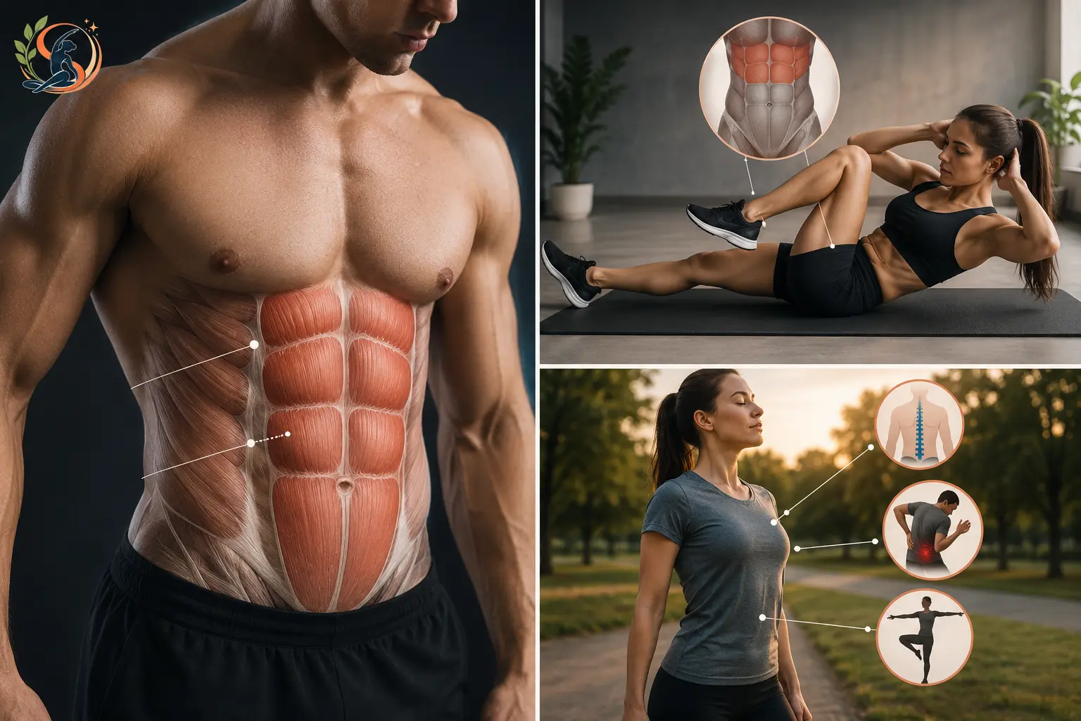 Fitness anatomy illustration showing the upper rectus abdominis, a woman performing bicycle crunches and a woman demonstrating posture and balance benefits