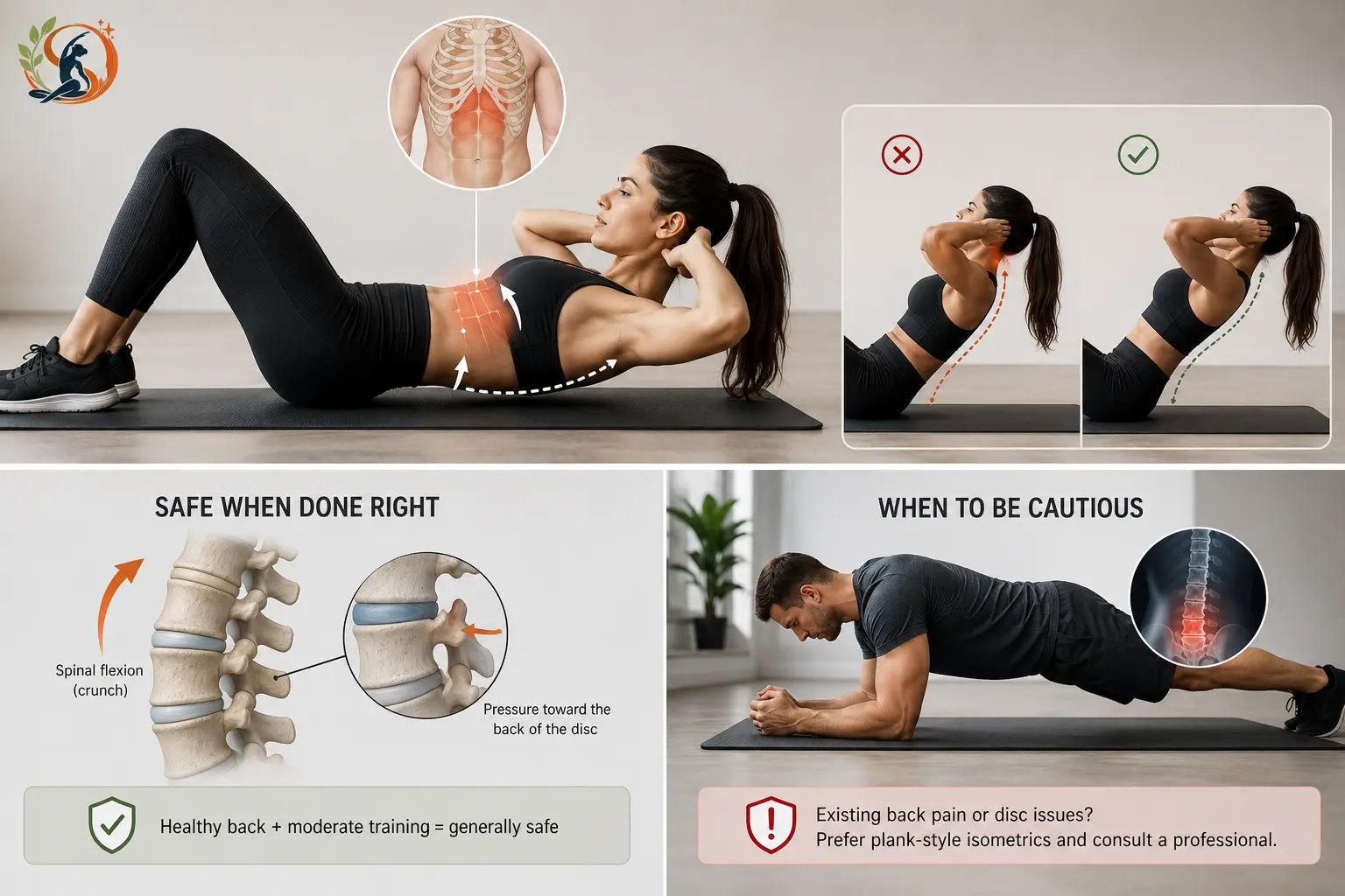 Infographic showing upper-abdominal exercises, proper crunch technique, spinal movement and safety precautions for people with back pain or disc issues.