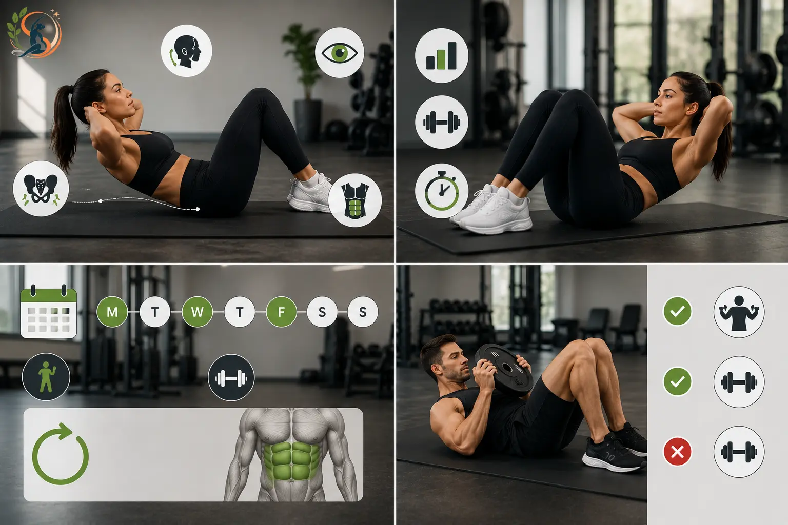 Woman demonstrating upper ab exercises with proper form, tempo, resistance and weekly core-training guidance in a gym.