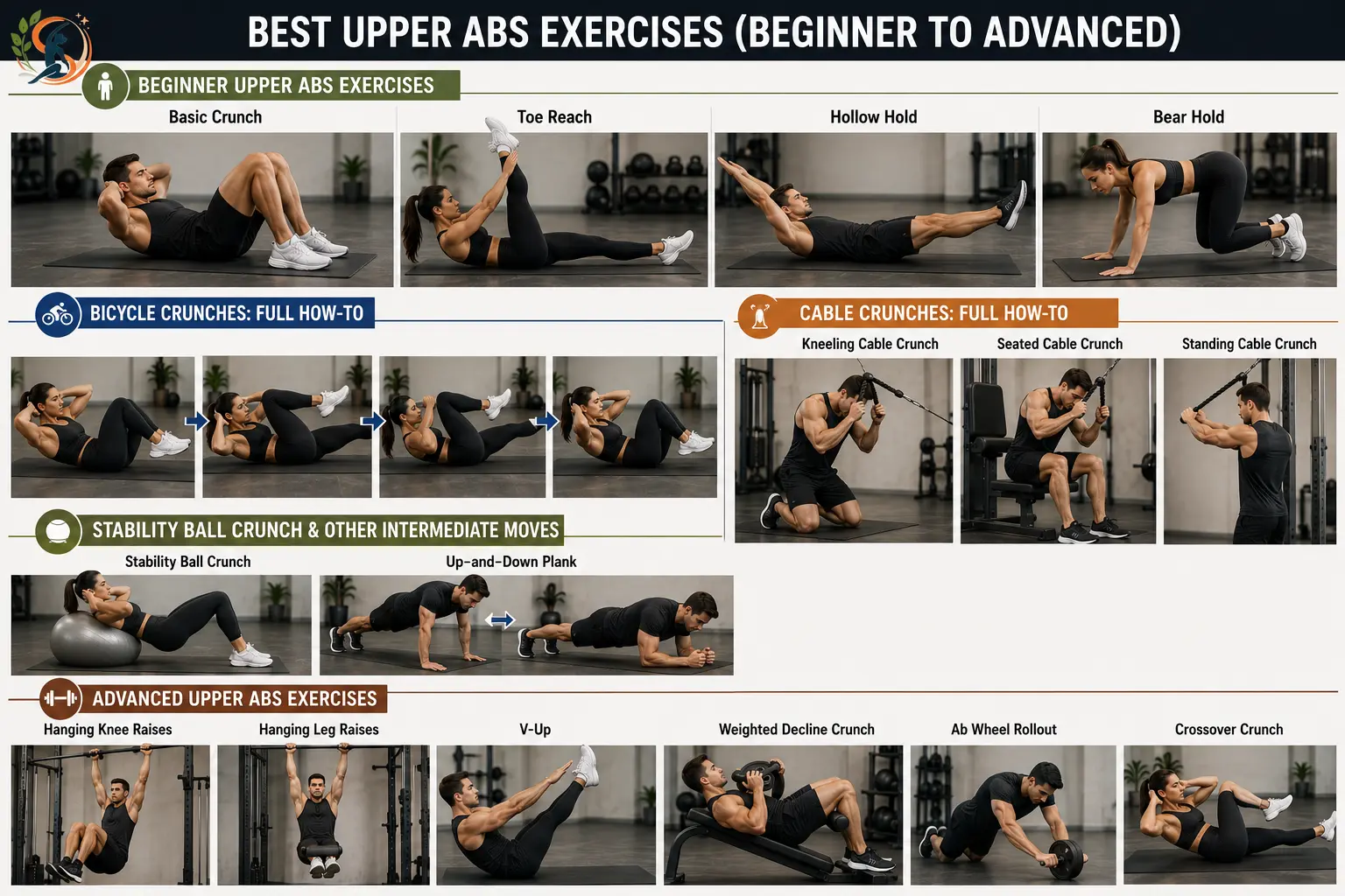 Upper ab workout guide showing beginner, intermediate and advanced exercises including crunches, bicycle crunches, cable crunches, stability ball crunches, hanging leg raises, V-ups and ab wheel rollouts.