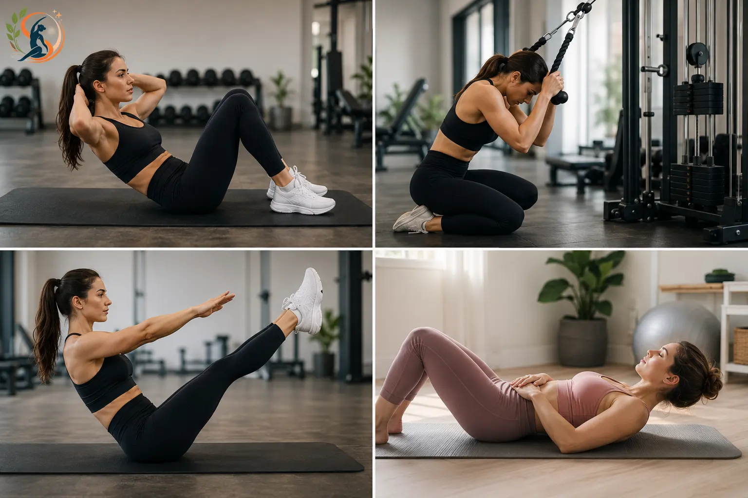 Woman performing core exercises and gentle abdominal movements in a gym and home setting, representing female upper-ab training and postpartum core recovery.