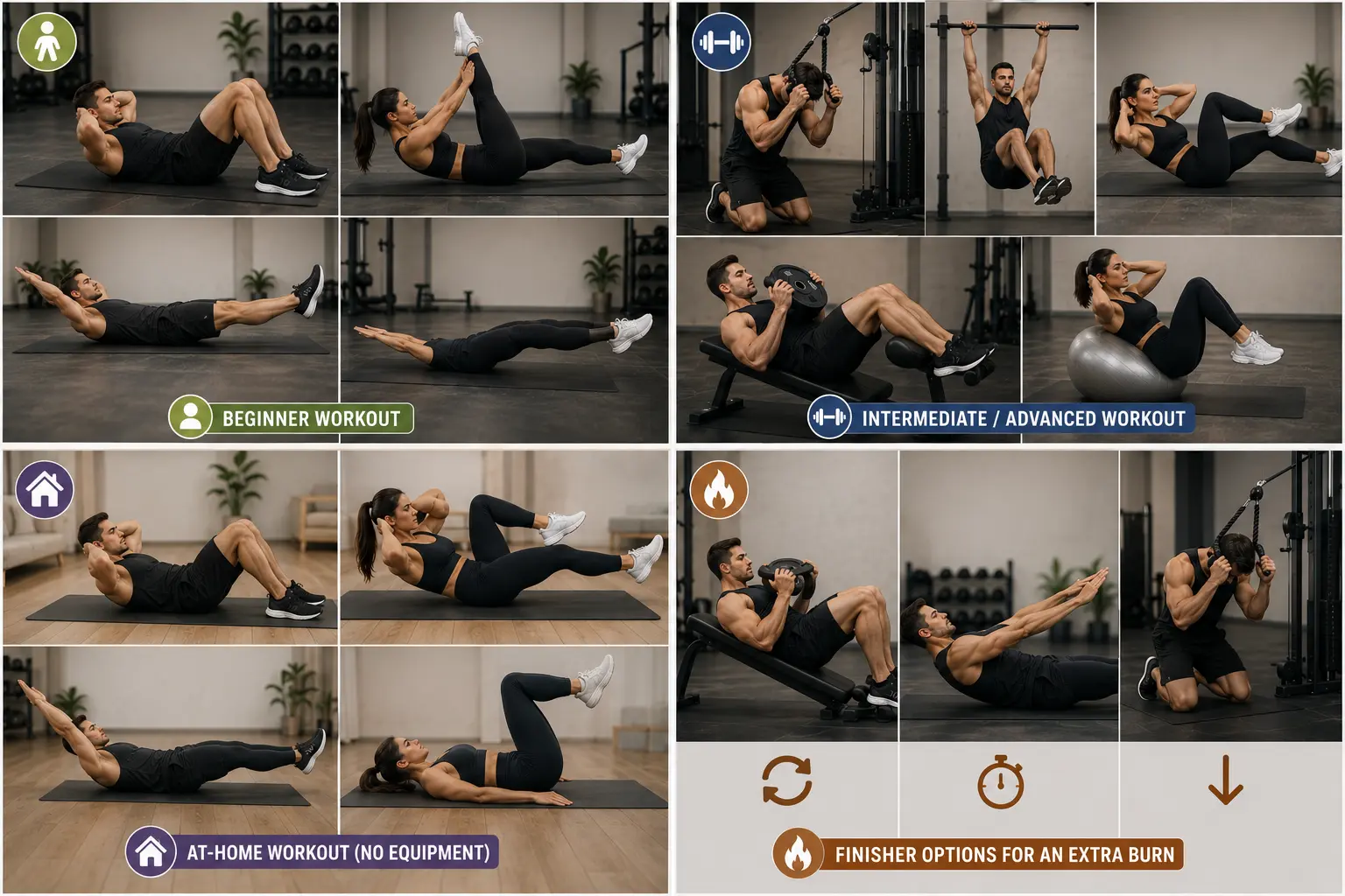 Four-panel upper abs workout collage showing beginner exercises, advanced weighted exercises, at-home core exercises and ab finisher movements.